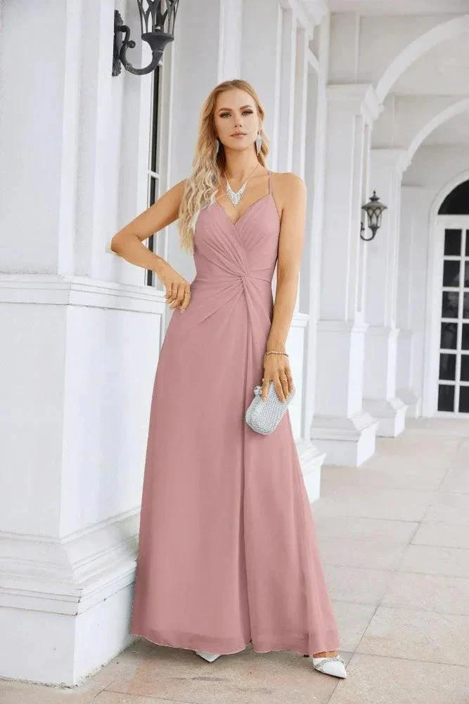 Ladies Chiffon Spaghetti Strap V Neck Front Slit Floor Length Bridesmaid Evening Dress Prom Party Wedding Evening Dress 28116 - Image 161
