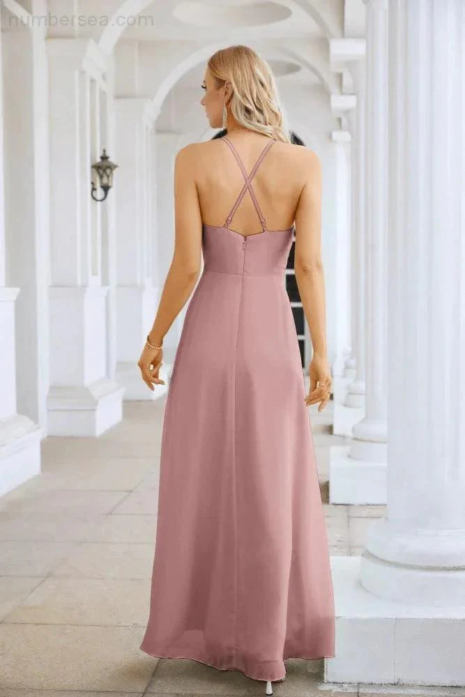 Ladies Chiffon Spaghetti Strap V Neck Front Slit Floor Length Bridesmaid Evening Dress Prom Party Wedding Evening Dress 28116 - Image 162