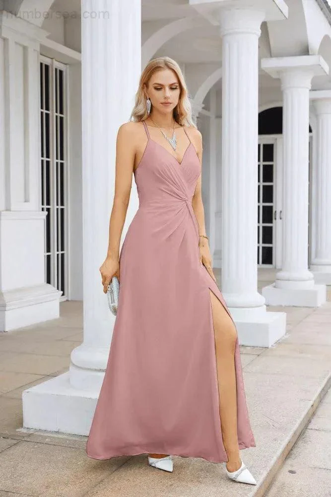 Ladies Chiffon Spaghetti Strap V Neck Front Slit Floor Length Bridesmaid Evening Dress Prom Party Wedding Evening Dress 28116 - Image 163