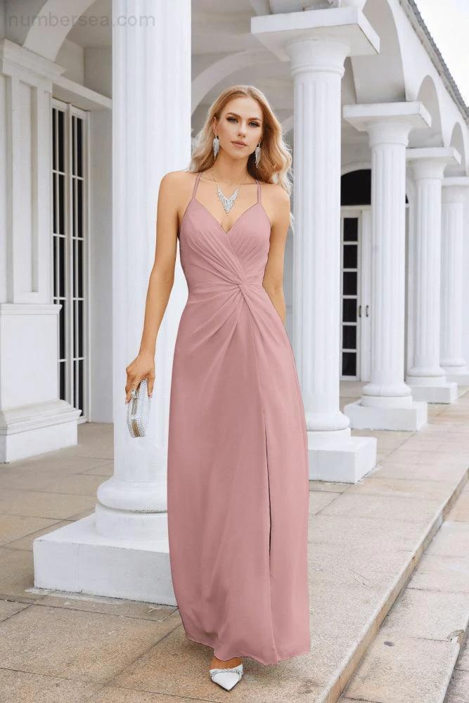 Ladies Chiffon Spaghetti Strap V Neck Front Slit Floor Length Bridesmaid Evening Dress Prom Party Wedding Evening Dress 28116 - Image 164