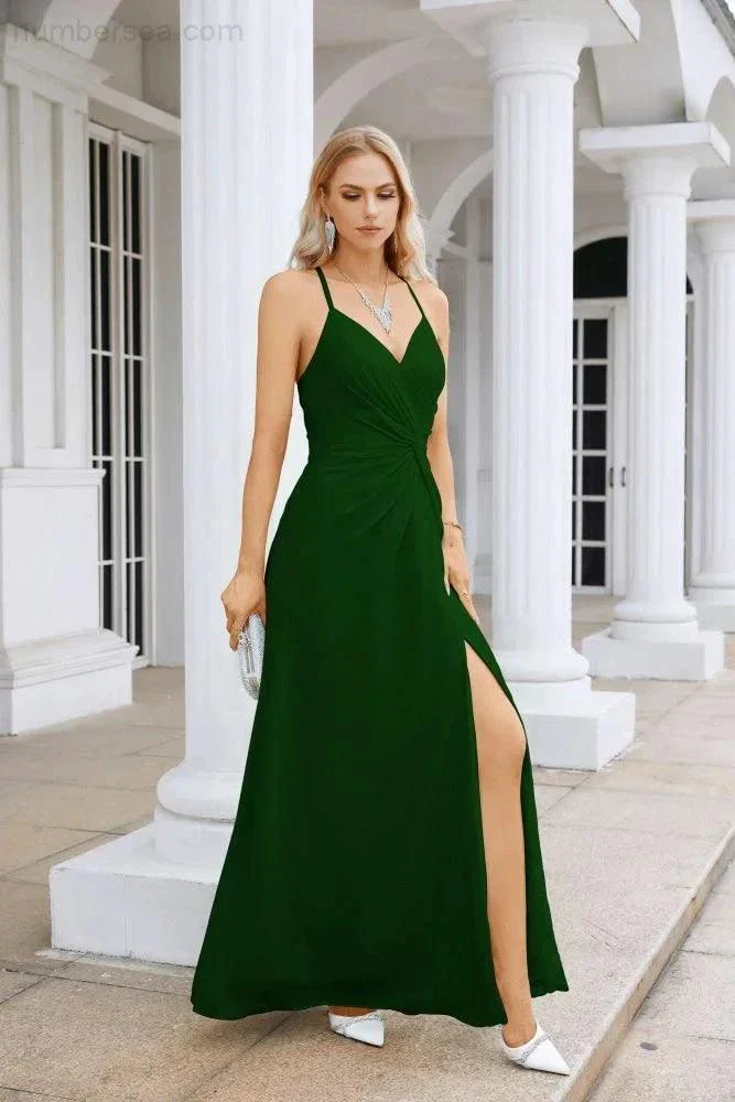 Ladies Chiffon Spaghetti Strap V Neck Front Slit Floor Length Bridesmaid Evening Dress Prom Party Wedding Evening Dress 28116 - Image 167