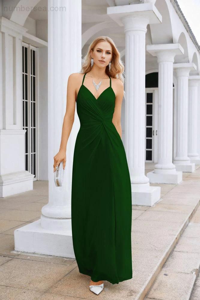 Ladies Chiffon Spaghetti Strap V Neck Front Slit Floor Length Bridesmaid Evening Dress Prom Party Wedding Evening Dress 28116 - Image 168