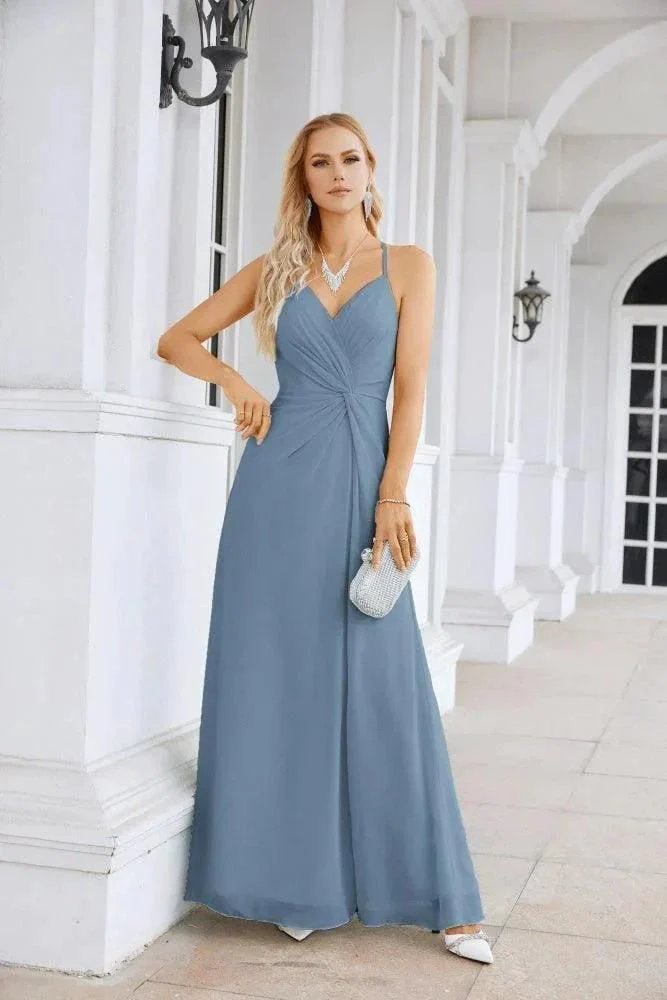 Ladies Chiffon Spaghetti Strap V Neck Front Slit Floor Length Bridesmaid Evening Dress Prom Party Wedding Evening Dress 28116 - Image 169