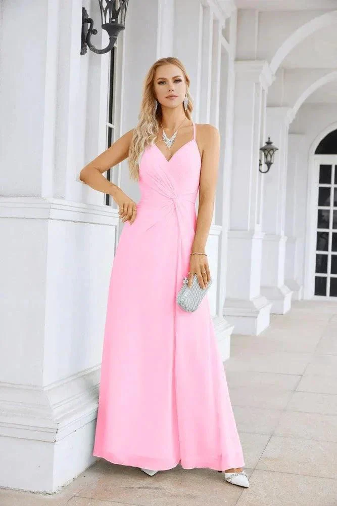 Ladies Chiffon Spaghetti Strap V Neck Front Slit Floor Length Bridesmaid Evening Dress Prom Party Wedding Evening Dress 28116 - Image 17