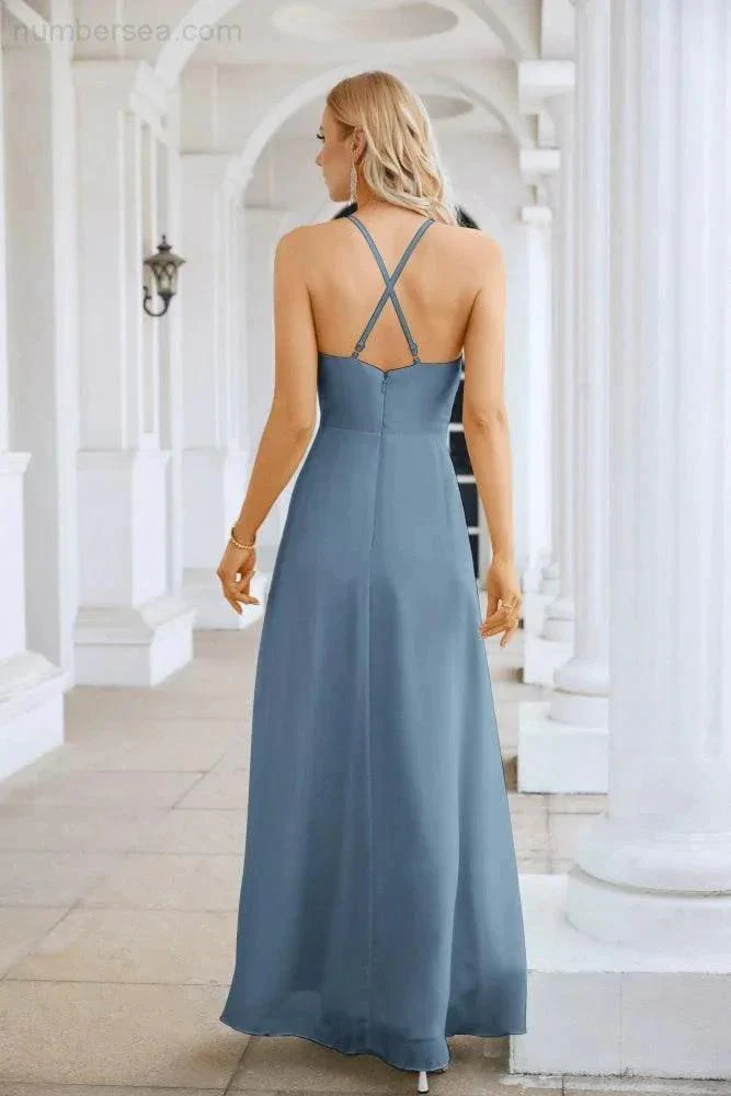 Ladies Chiffon Spaghetti Strap V Neck Front Slit Floor Length Bridesmaid Evening Dress Prom Party Wedding Evening Dress 28116 - Image 170