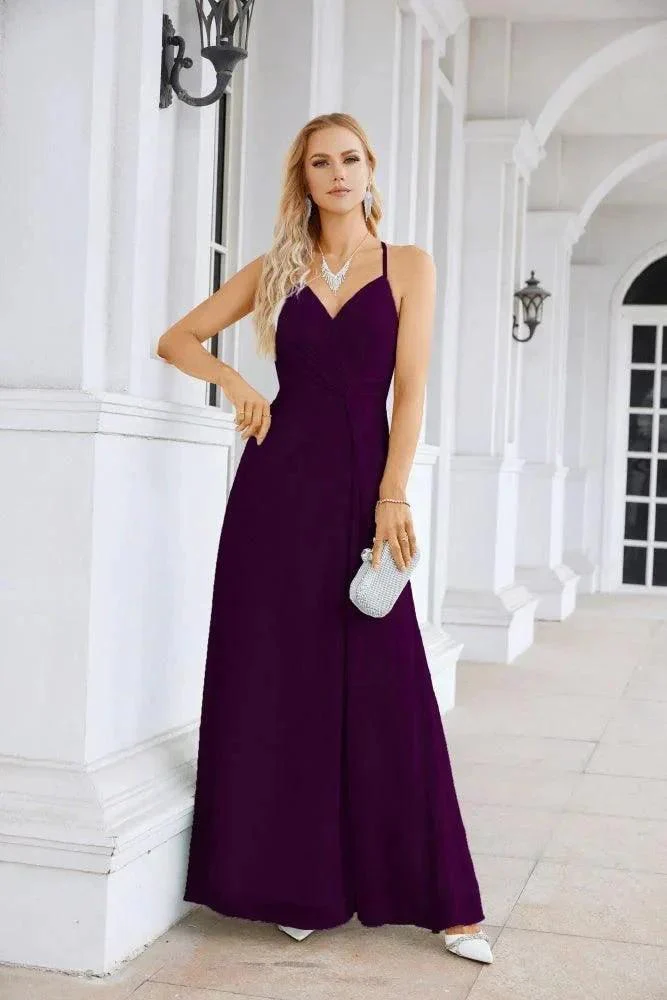 Ladies Chiffon Spaghetti Strap V Neck Front Slit Floor Length Bridesmaid Evening Dress Prom Party Wedding Evening Dress 28116 - Image 173