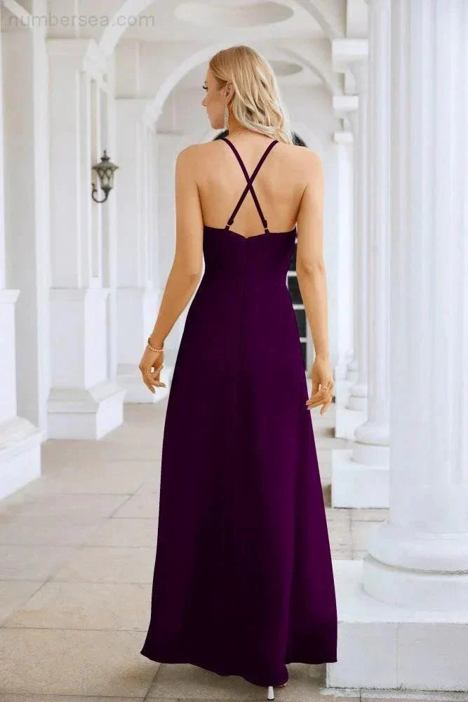 Ladies Chiffon Spaghetti Strap V Neck Front Slit Floor Length Bridesmaid Evening Dress Prom Party Wedding Evening Dress 28116 - Image 174