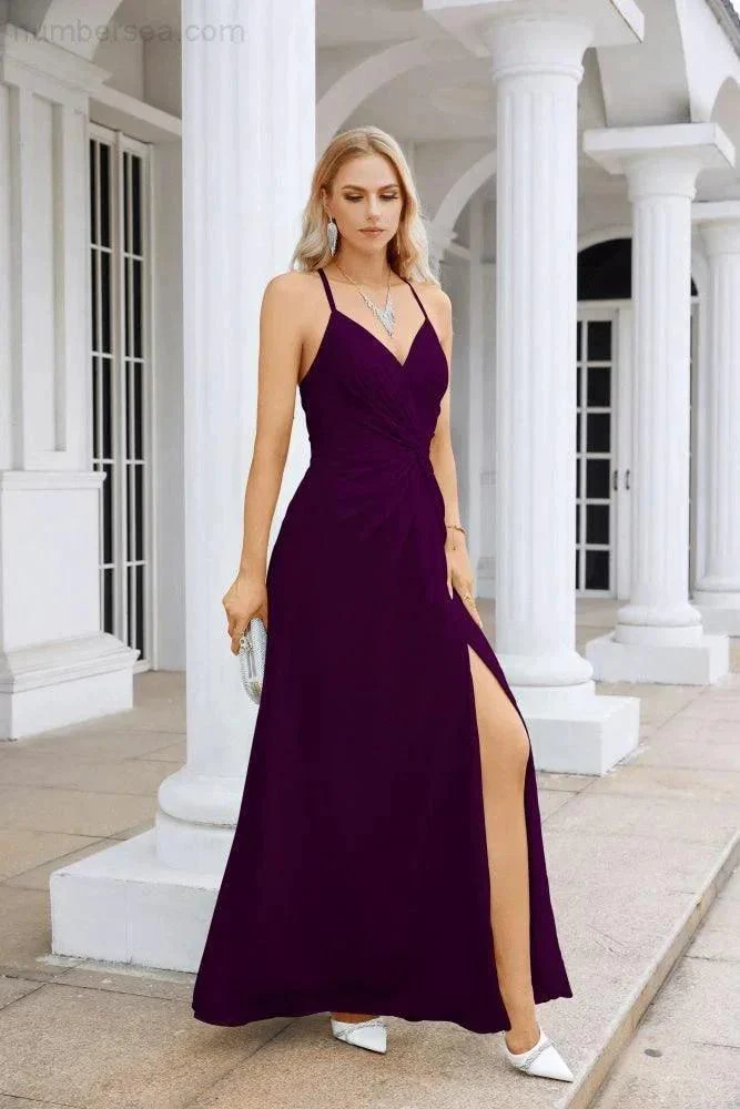 Ladies Chiffon Spaghetti Strap V Neck Front Slit Floor Length Bridesmaid Evening Dress Prom Party Wedding Evening Dress 28116 - Image 175