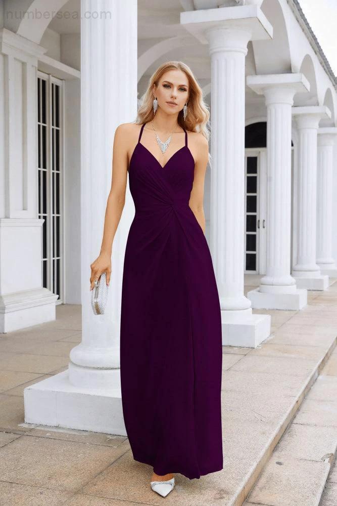 Ladies Chiffon Spaghetti Strap V Neck Front Slit Floor Length Bridesmaid Evening Dress Prom Party Wedding Evening Dress 28116 - Image 176