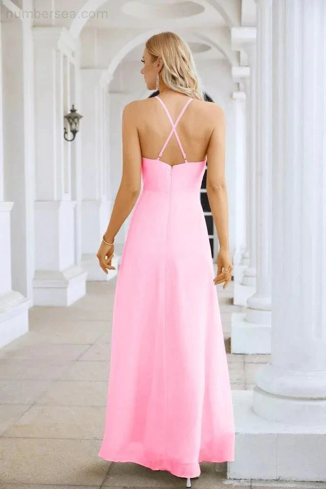 Ladies Chiffon Spaghetti Strap V Neck Front Slit Floor Length Bridesmaid Evening Dress Prom Party Wedding Evening Dress 28116 - Image 18