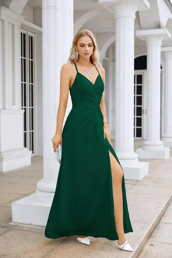 Ladies Chiffon Spaghetti Strap V Neck Front Slit Floor Length Bridesmaid Evening Dress Prom Party Wedding Evening Dress 28116 - Image 183
