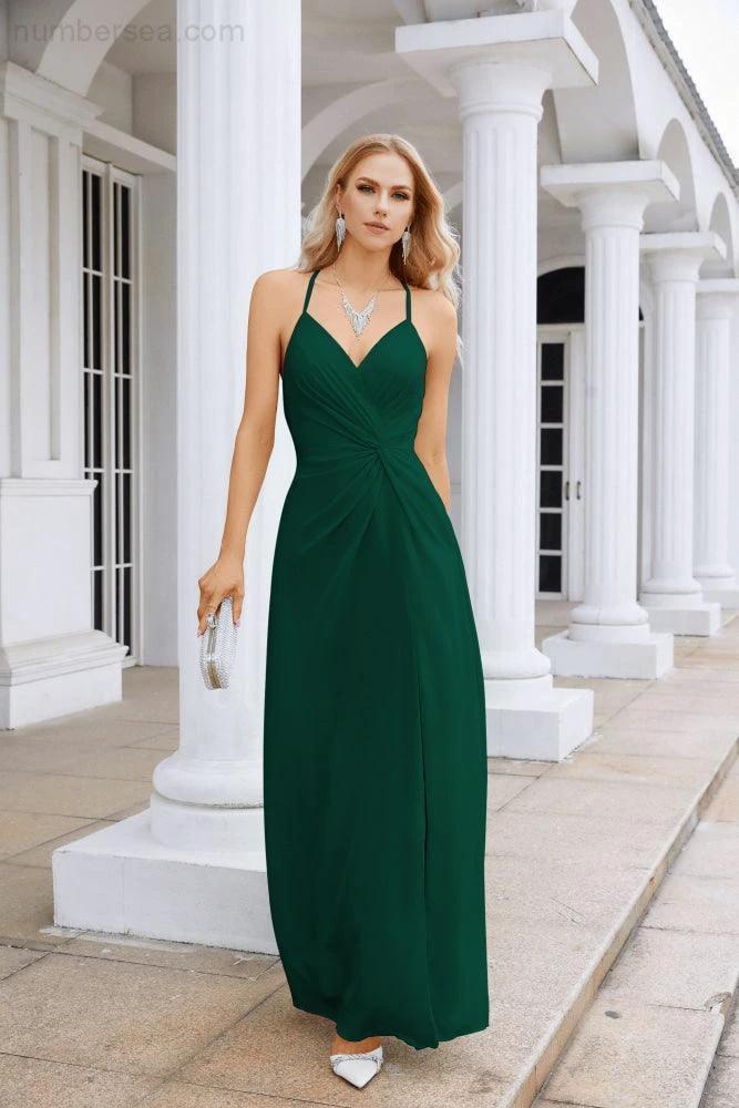 Ladies Chiffon Spaghetti Strap V Neck Front Slit Floor Length Bridesmaid Evening Dress Prom Party Wedding Evening Dress 28116 - Image 184