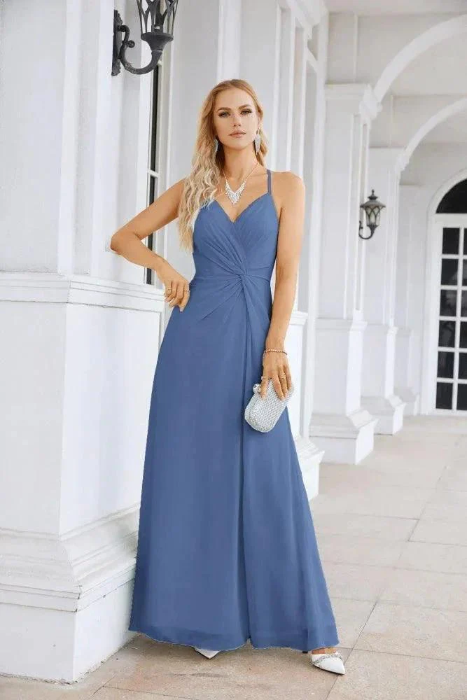Ladies Chiffon Spaghetti Strap V Neck Front Slit Floor Length Bridesmaid Evening Dress Prom Party Wedding Evening Dress 28116 - Image 185