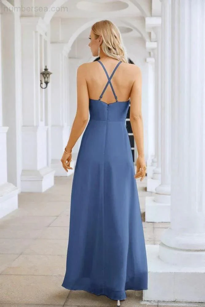 Ladies Chiffon Spaghetti Strap V Neck Front Slit Floor Length Bridesmaid Evening Dress Prom Party Wedding Evening Dress 28116 - Image 186