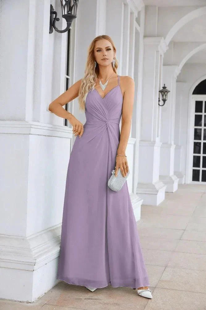 Ladies Chiffon Spaghetti Strap V Neck Front Slit Floor Length Bridesmaid Evening Dress Prom Party Wedding Evening Dress 28116 - Image 189