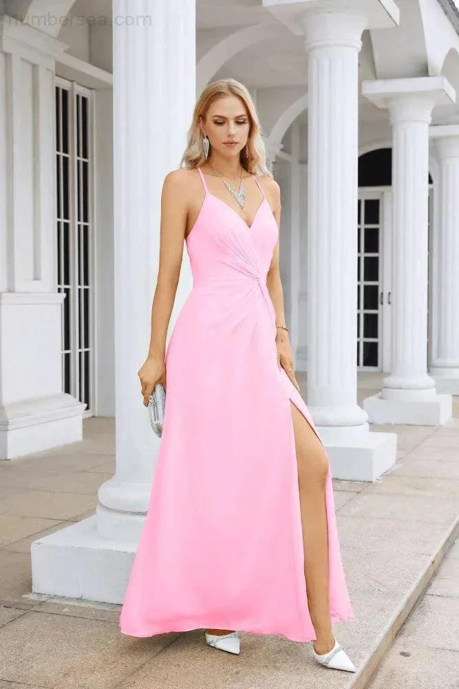 Ladies Chiffon Spaghetti Strap V Neck Front Slit Floor Length Bridesmaid Evening Dress Prom Party Wedding Evening Dress 28116 - Image 19