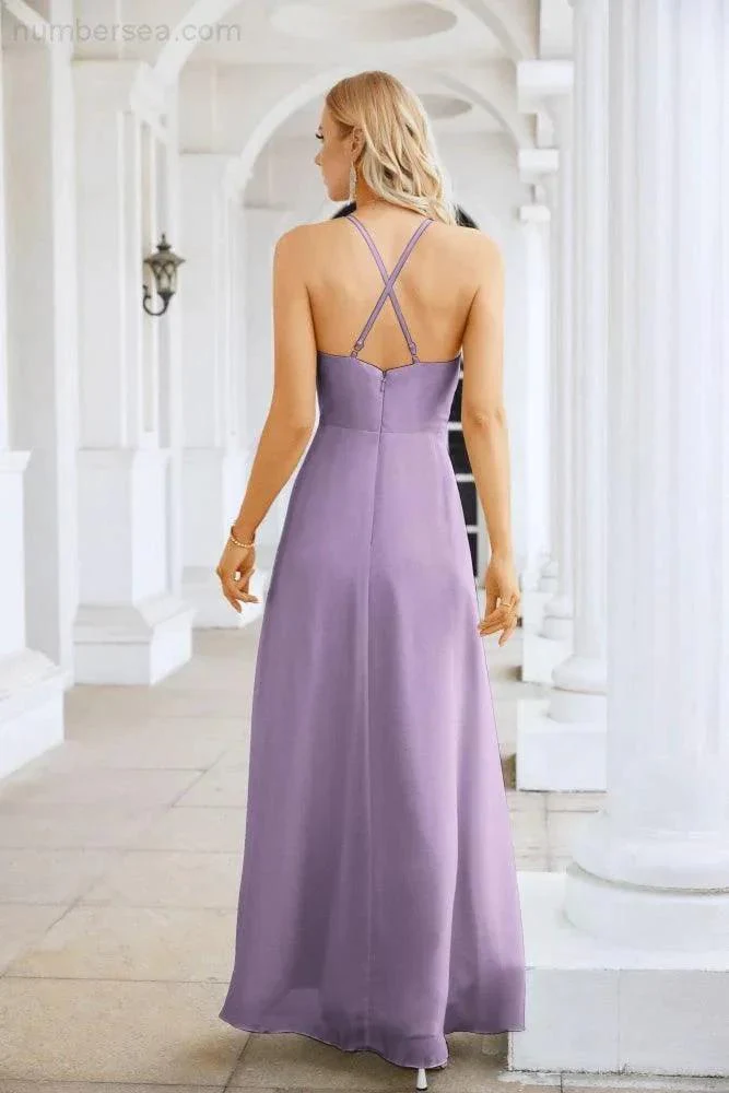 Ladies Chiffon Spaghetti Strap V Neck Front Slit Floor Length Bridesmaid Evening Dress Prom Party Wedding Evening Dress 28116 - Image 190
