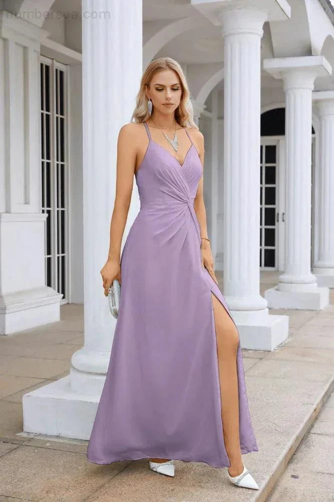 Ladies Chiffon Spaghetti Strap V Neck Front Slit Floor Length Bridesmaid Evening Dress Prom Party Wedding Evening Dress 28116 - Image 191