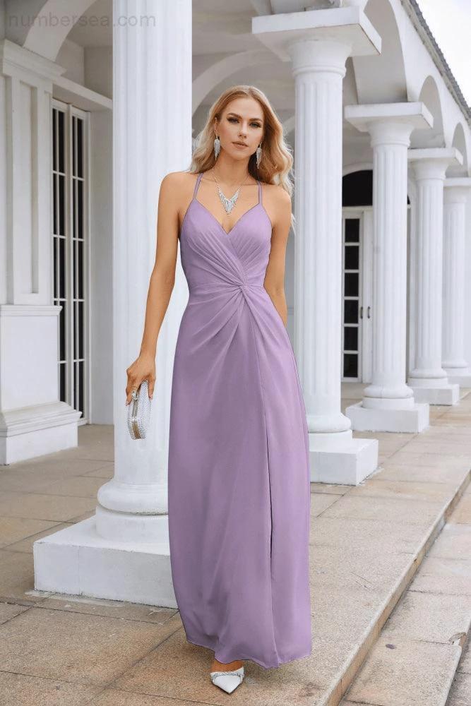 Ladies Chiffon Spaghetti Strap V Neck Front Slit Floor Length Bridesmaid Evening Dress Prom Party Wedding Evening Dress 28116 - Image 192