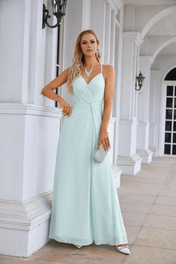 Ladies Chiffon Spaghetti Strap V Neck Front Slit Floor Length Bridesmaid Evening Dress Prom Party Wedding Evening Dress 28116 - Image 193