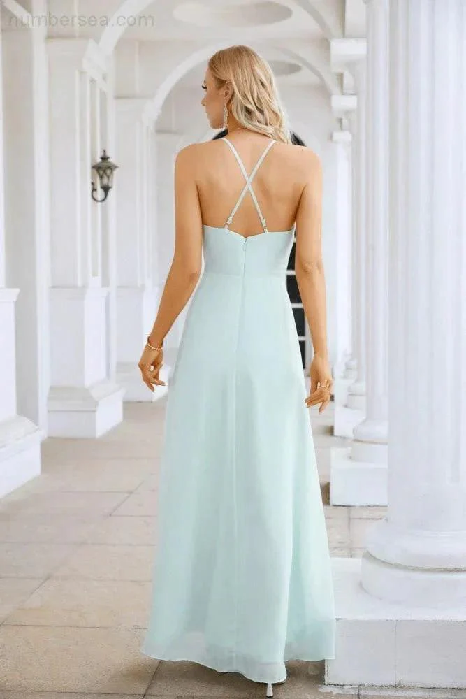 Ladies Chiffon Spaghetti Strap V Neck Front Slit Floor Length Bridesmaid Evening Dress Prom Party Wedding Evening Dress 28116 - Image 194