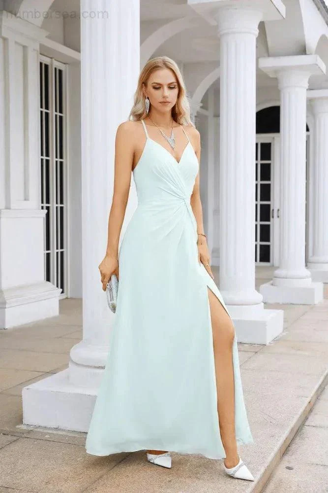 Ladies Chiffon Spaghetti Strap V Neck Front Slit Floor Length Bridesmaid Evening Dress Prom Party Wedding Evening Dress 28116 - Image 195