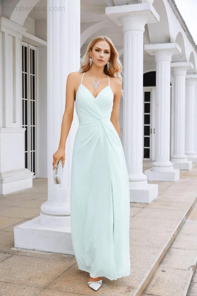 Ladies Chiffon Spaghetti Strap V Neck Front Slit Floor Length Bridesmaid Evening Dress Prom Party Wedding Evening Dress 28116 - Image 196