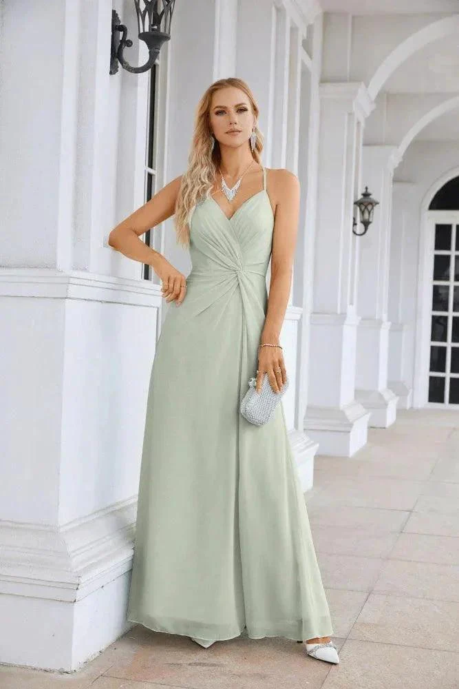 Ladies Chiffon Spaghetti Strap V Neck Front Slit Floor Length Bridesmaid Evening Dress Prom Party Wedding Evening Dress 28116 - Image 197