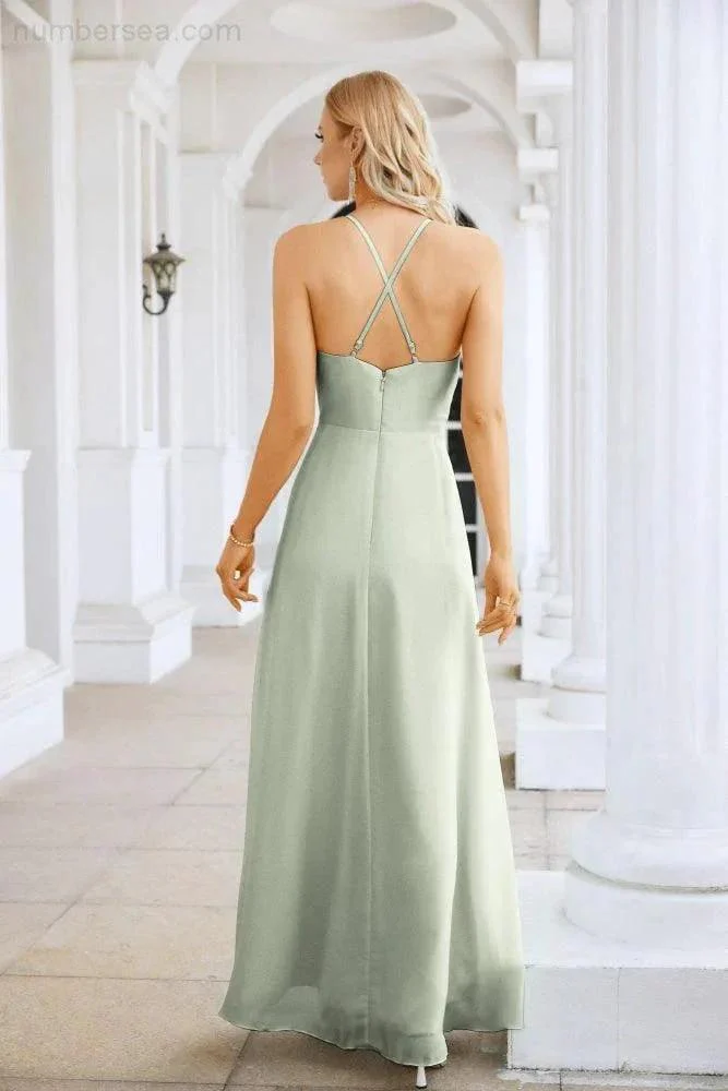 Ladies Chiffon Spaghetti Strap V Neck Front Slit Floor Length Bridesmaid Evening Dress Prom Party Wedding Evening Dress 28116 - Image 198