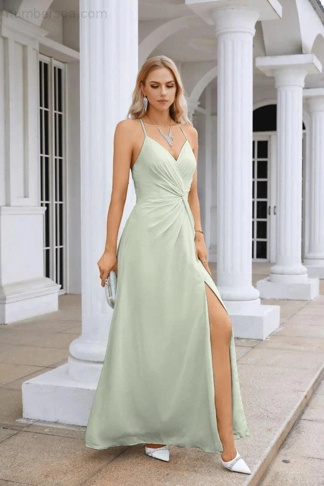 Ladies Chiffon Spaghetti Strap V Neck Front Slit Floor Length Bridesmaid Evening Dress Prom Party Wedding Evening Dress 28116 - Image 199