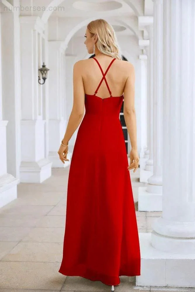 Ladies Chiffon Spaghetti Strap V Neck Front Slit Floor Length Bridesmaid Evening Dress Prom Party Wedding Evening Dress 28116 - Image 2