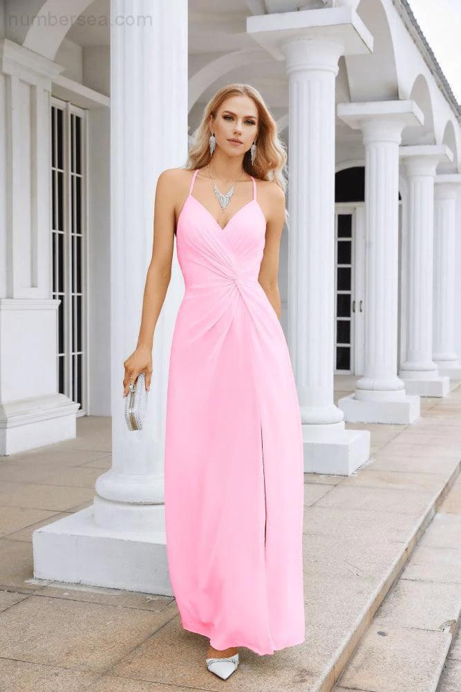 Ladies Chiffon Spaghetti Strap V Neck Front Slit Floor Length Bridesmaid Evening Dress Prom Party Wedding Evening Dress 28116 - Image 20