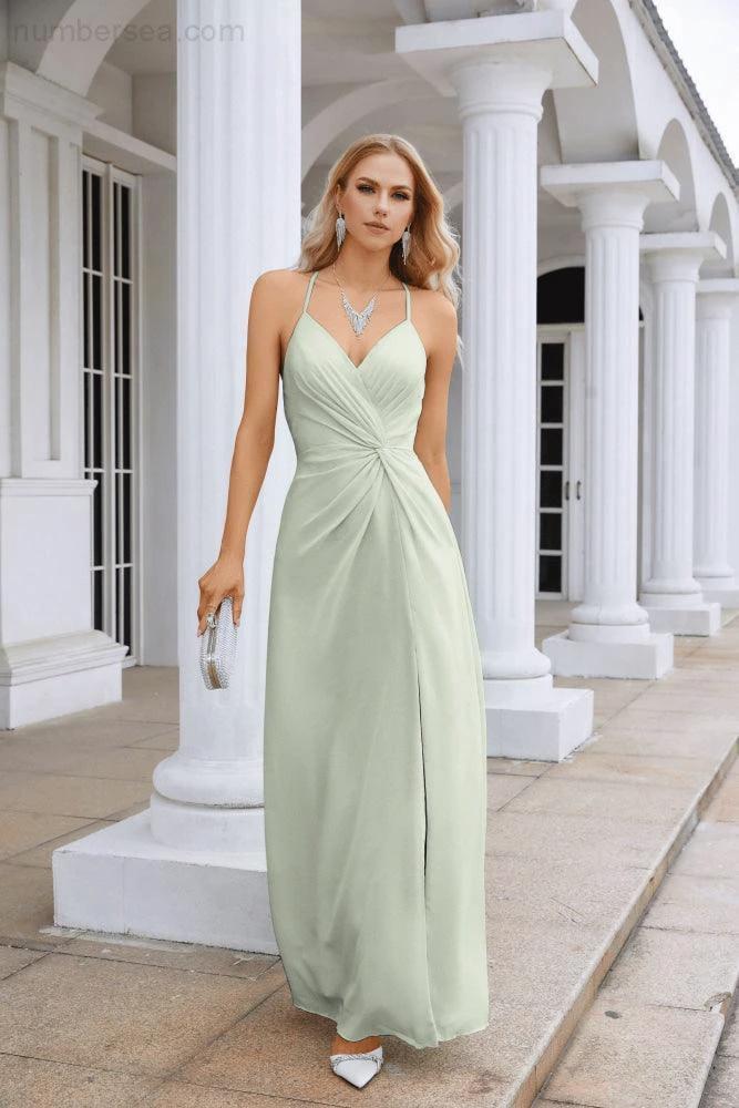 Ladies Chiffon Spaghetti Strap V Neck Front Slit Floor Length Bridesmaid Evening Dress Prom Party Wedding Evening Dress 28116 - Image 200