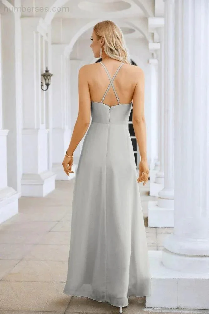 Ladies Chiffon Spaghetti Strap V Neck Front Slit Floor Length Bridesmaid Evening Dress Prom Party Wedding Evening Dress 28116 - Image 202