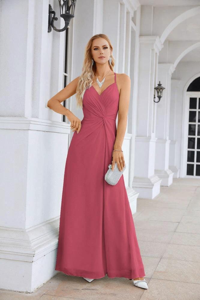 Ladies Chiffon Spaghetti Strap V Neck Front Slit Floor Length Bridesmaid Evening Dress Prom Party Wedding Evening Dress 28116 - Image 205