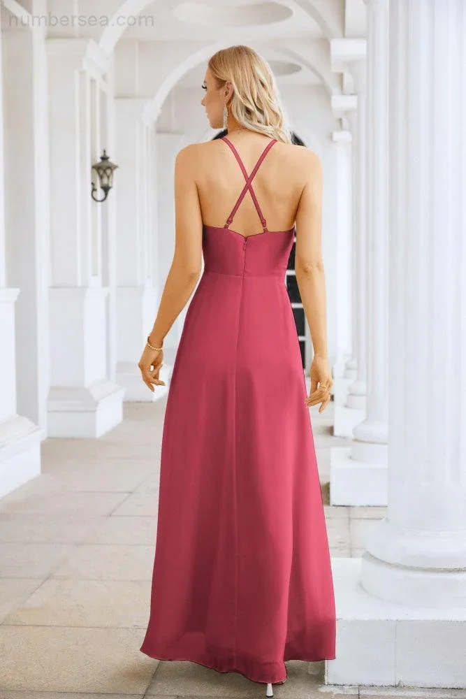 Ladies Chiffon Spaghetti Strap V Neck Front Slit Floor Length Bridesmaid Evening Dress Prom Party Wedding Evening Dress 28116 - Image 206