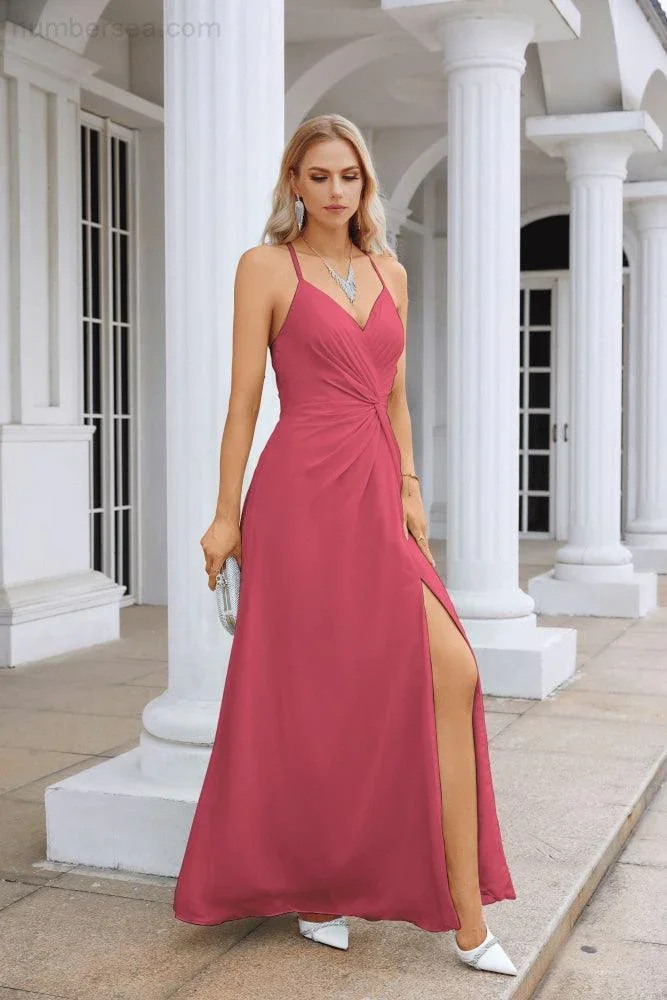 Ladies Chiffon Spaghetti Strap V Neck Front Slit Floor Length Bridesmaid Evening Dress Prom Party Wedding Evening Dress 28116 - Image 207