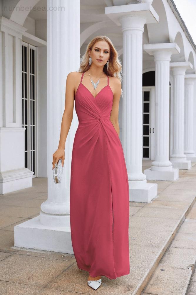 Ladies Chiffon Spaghetti Strap V Neck Front Slit Floor Length Bridesmaid Evening Dress Prom Party Wedding Evening Dress 28116 - Image 208