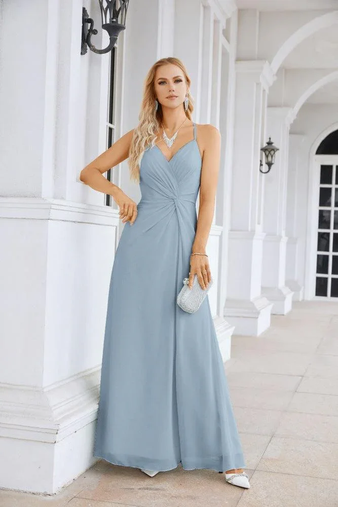 Ladies Chiffon Spaghetti Strap V Neck Front Slit Floor Length Bridesmaid Evening Dress Prom Party Wedding Evening Dress 28116 - Image 209