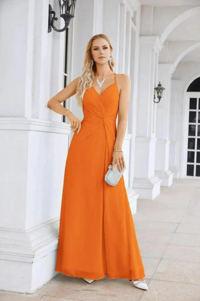 Ladies Chiffon Spaghetti Strap V Neck Front Slit Floor Length Bridesmaid Evening Dress Prom Party Wedding Evening Dress 28116 - Image 21