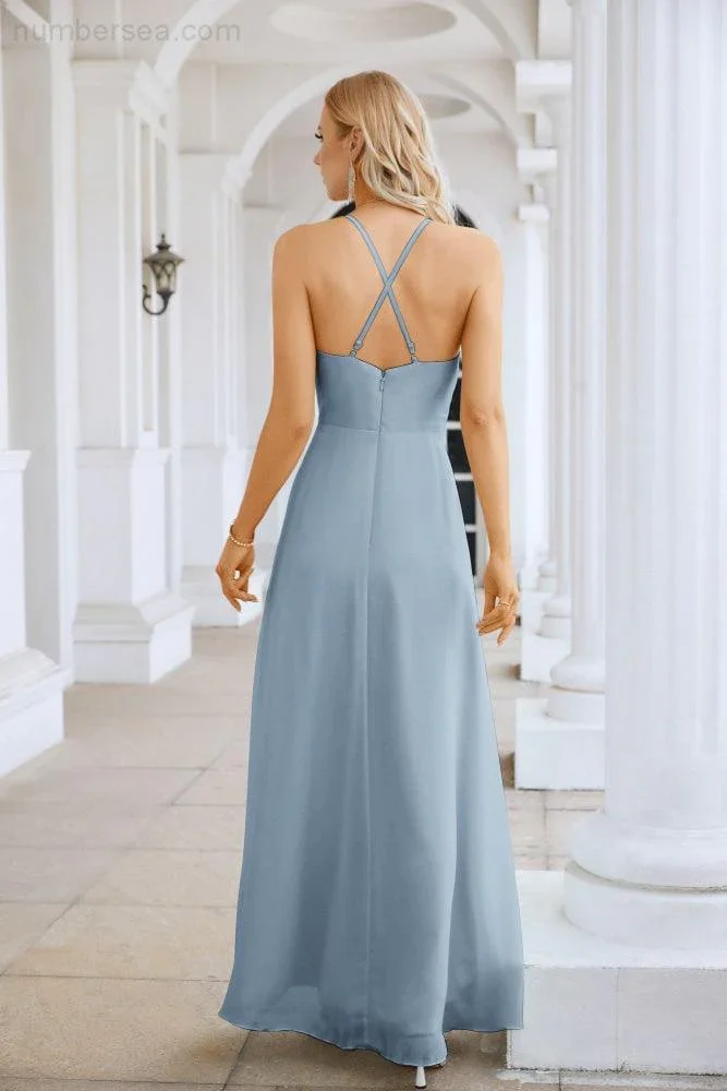 Ladies Chiffon Spaghetti Strap V Neck Front Slit Floor Length Bridesmaid Evening Dress Prom Party Wedding Evening Dress 28116 - Image 210