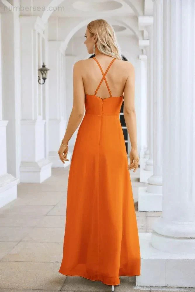 Ladies Chiffon Spaghetti Strap V Neck Front Slit Floor Length Bridesmaid Evening Dress Prom Party Wedding Evening Dress 28116 - Image 22