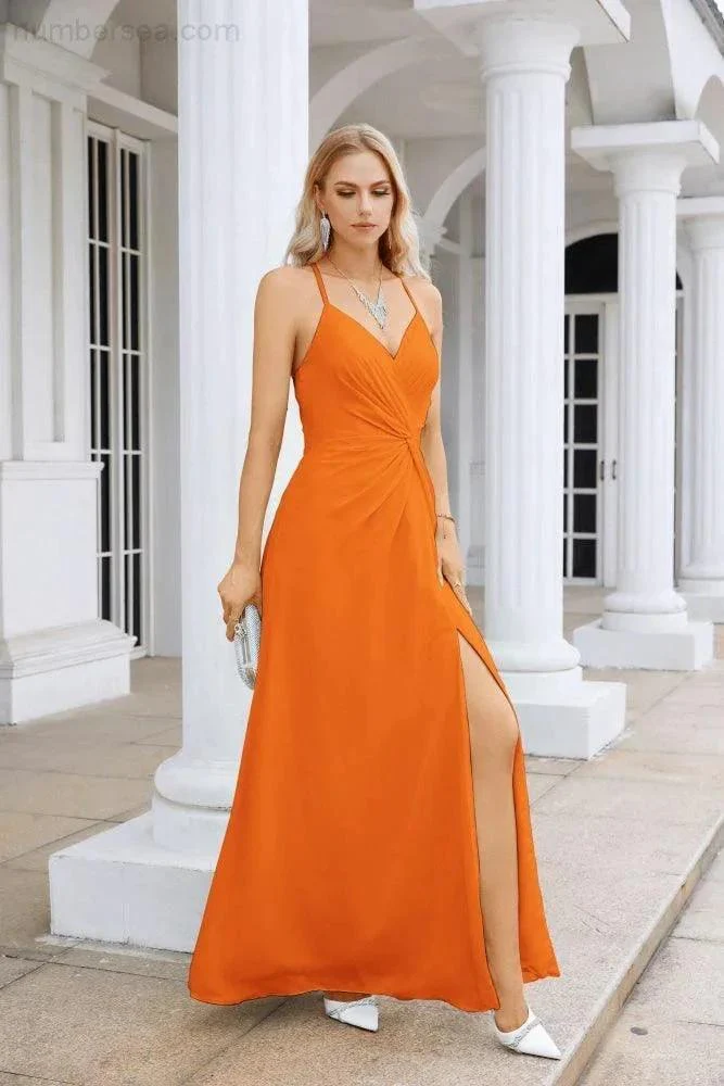 Ladies Chiffon Spaghetti Strap V Neck Front Slit Floor Length Bridesmaid Evening Dress Prom Party Wedding Evening Dress 28116 - Image 23