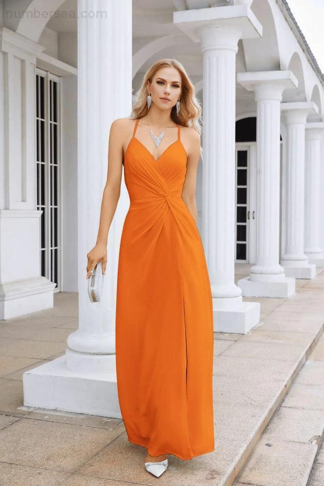 Ladies Chiffon Spaghetti Strap V Neck Front Slit Floor Length Bridesmaid Evening Dress Prom Party Wedding Evening Dress 28116 - Image 24