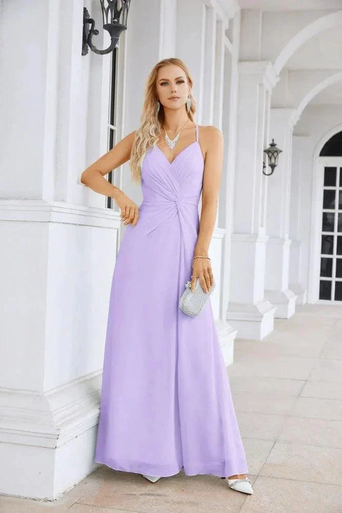 Ladies Chiffon Spaghetti Strap V Neck Front Slit Floor Length Bridesmaid Evening Dress Prom Party Wedding Evening Dress 28116 - Image 25