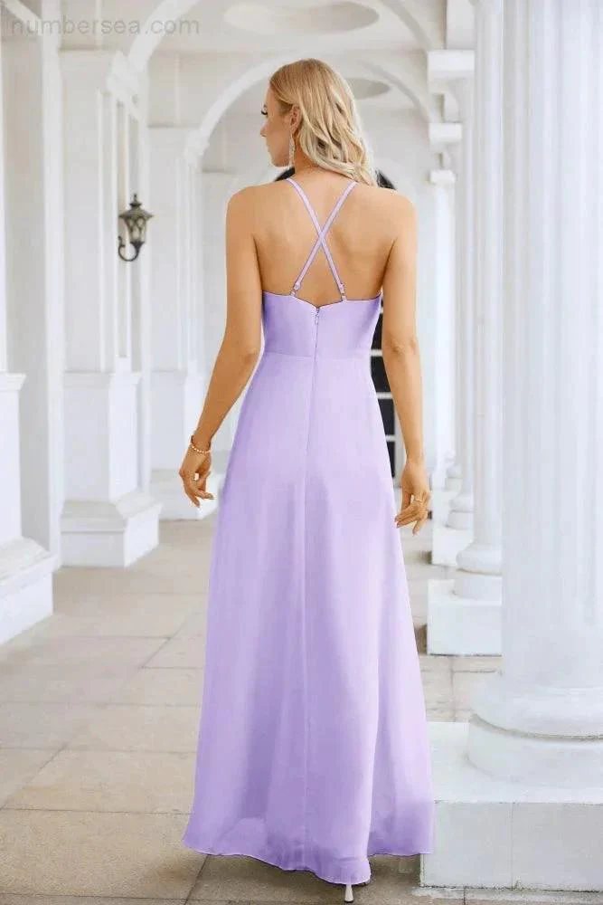 Ladies Chiffon Spaghetti Strap V Neck Front Slit Floor Length Bridesmaid Evening Dress Prom Party Wedding Evening Dress 28116 - Image 26