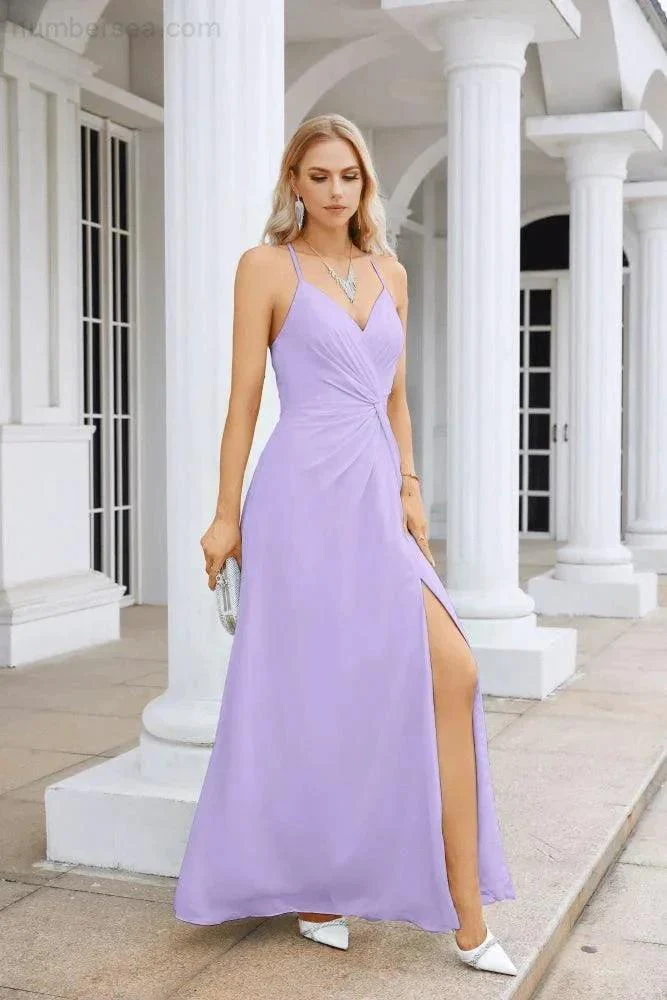 Ladies Chiffon Spaghetti Strap V Neck Front Slit Floor Length Bridesmaid Evening Dress Prom Party Wedding Evening Dress 28116 - Image 27