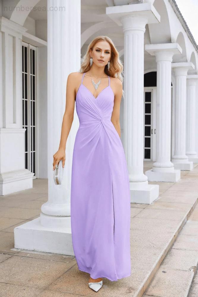 Ladies Chiffon Spaghetti Strap V Neck Front Slit Floor Length Bridesmaid Evening Dress Prom Party Wedding Evening Dress 28116 - Image 28