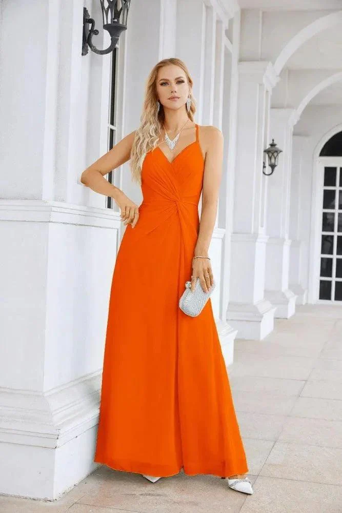 Ladies Chiffon Spaghetti Strap V Neck Front Slit Floor Length Bridesmaid Evening Dress Prom Party Wedding Evening Dress 28116 - Image 29