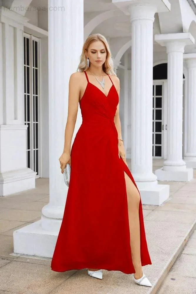 Ladies Chiffon Spaghetti Strap V Neck Front Slit Floor Length Bridesmaid Evening Dress Prom Party Wedding Evening Dress 28116 - Image 3